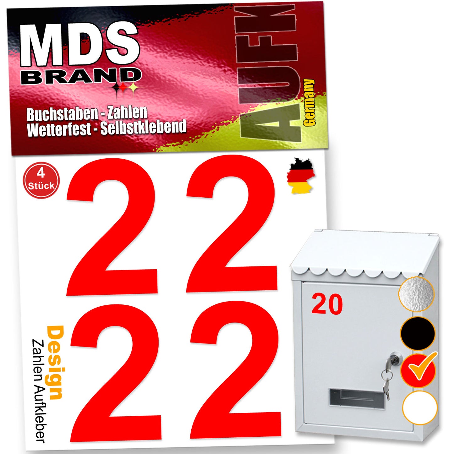 5cm Design Zahlen Aufkleber Selbstklebende Klebezahlen | Vinyl Hausnummern zum Aufkleben für Briefkasten, Mülltonnen, Hausnummer für Außen & Innen Rot
