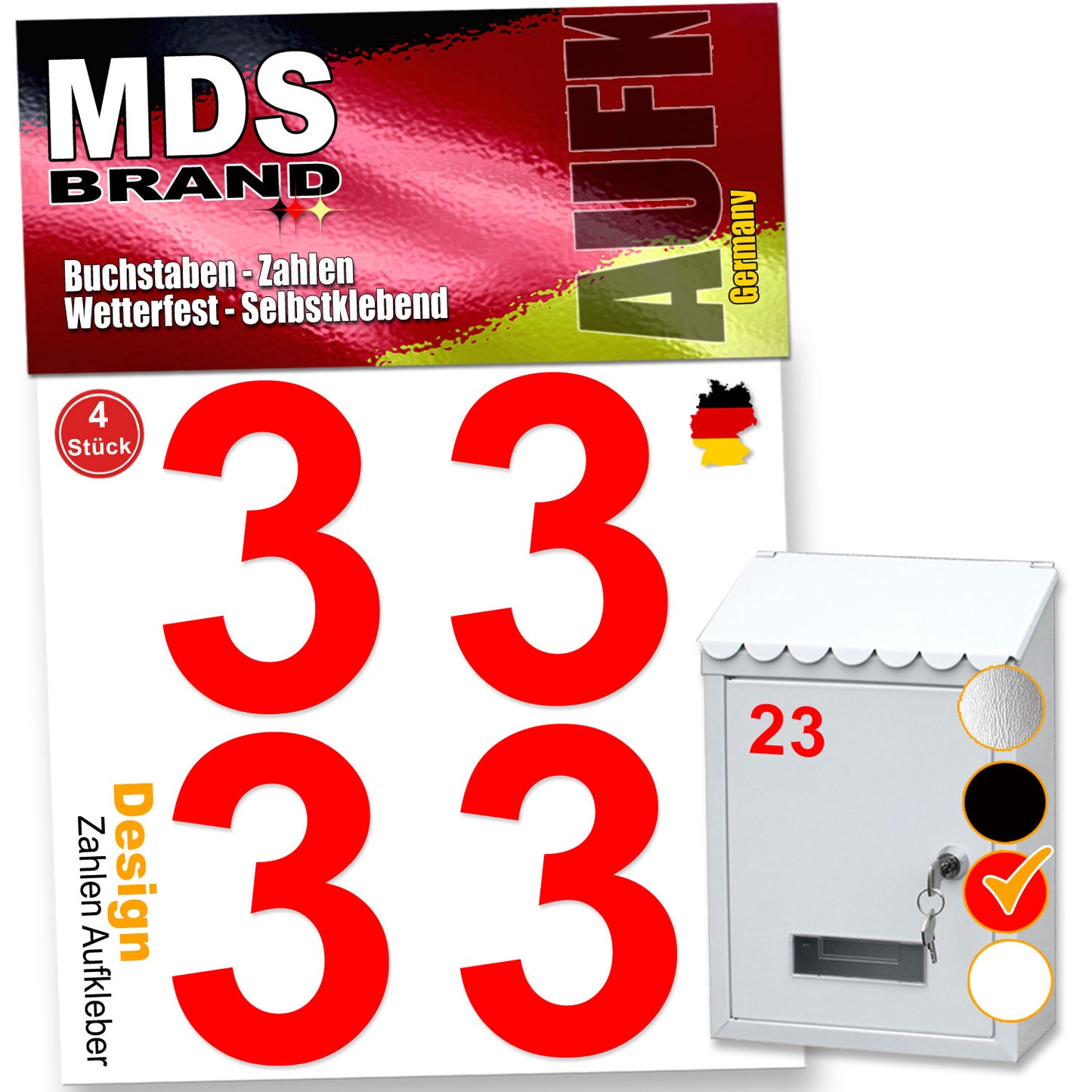 5cm Design Zahlen Aufkleber Selbstklebende Klebezahlen | Vinyl Hausnummern zum Aufkleben für Briefkasten, Mülltonnen, Hausnummer für Außen & Innen Rot