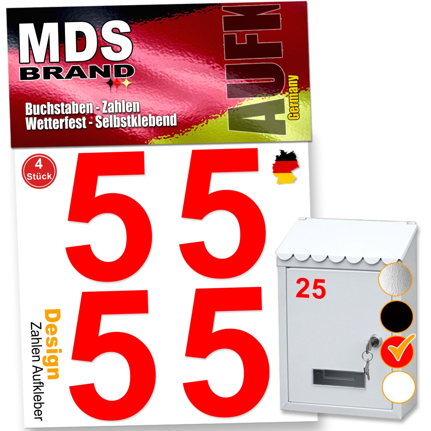 5cm Design Zahlen Aufkleber Selbstklebende Klebezahlen | Vinyl Hausnummern zum Aufkleben für Briefkasten, Mülltonnen, Hausnummer für Außen & Innen Rot