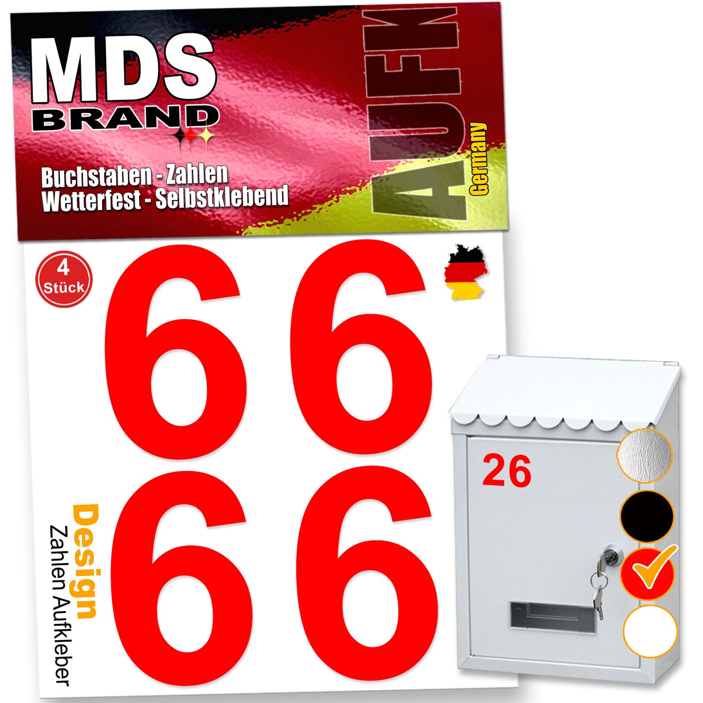 5cm Design Zahlen Aufkleber Selbstklebende Klebezahlen | Vinyl Hausnummern zum Aufkleben für Briefkasten, Mülltonnen, Hausnummer für Außen & Innen Rot