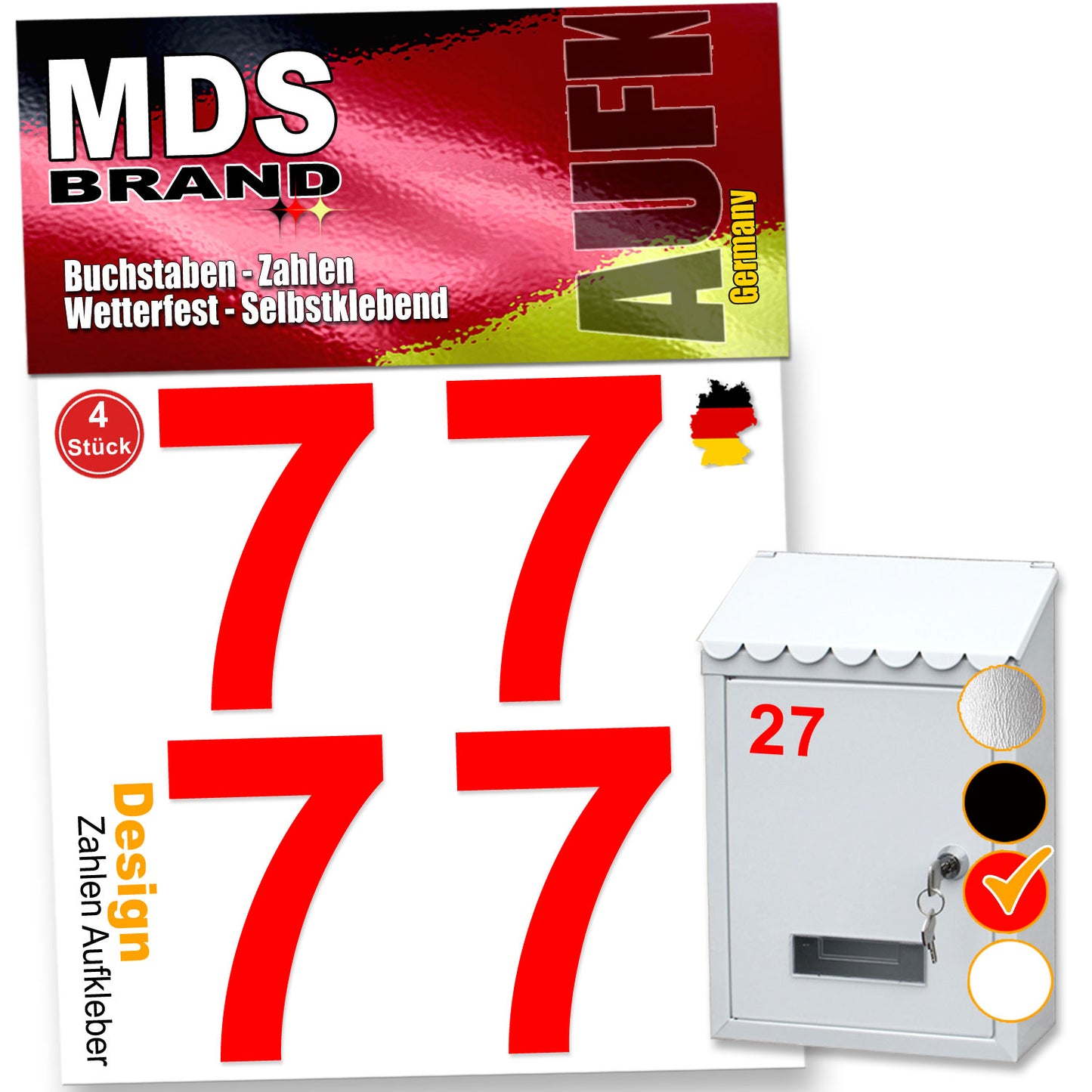 5cm Design Zahlen Aufkleber Selbstklebende Klebezahlen | Vinyl Hausnummern zum Aufkleben für Briefkasten, Mülltonnen, Hausnummer für Außen & Innen Rot