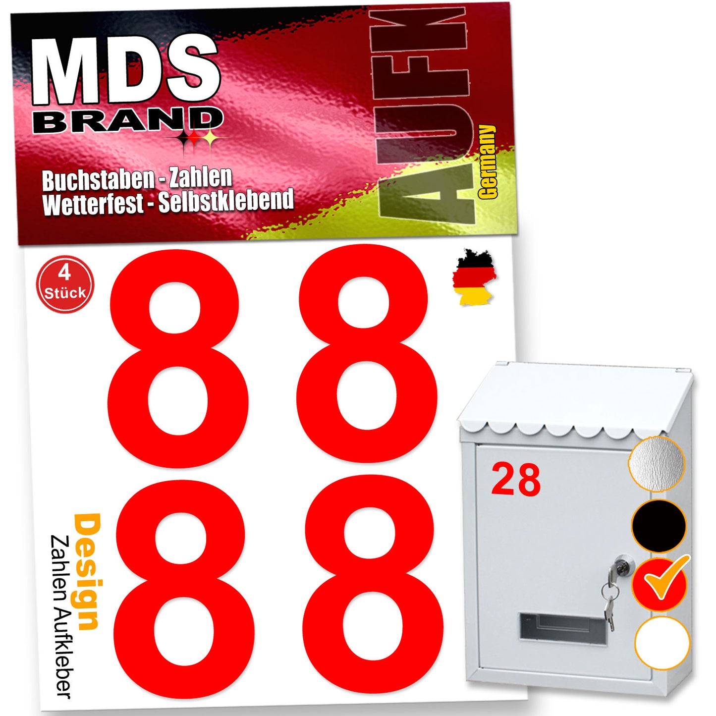 5cm Design Zahlen Aufkleber Selbstklebende Klebezahlen | Vinyl Hausnummern zum Aufkleben für Briefkasten, Mülltonnen, Hausnummer für Außen & Innen Rot