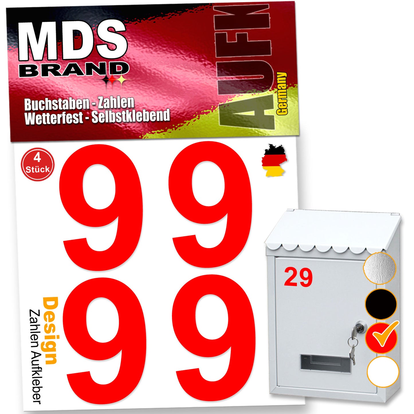 5cm Design Zahlen Aufkleber Selbstklebende Klebezahlen | Vinyl Hausnummern zum Aufkleben für Briefkasten, Mülltonnen, Hausnummer für Außen & Innen Rot