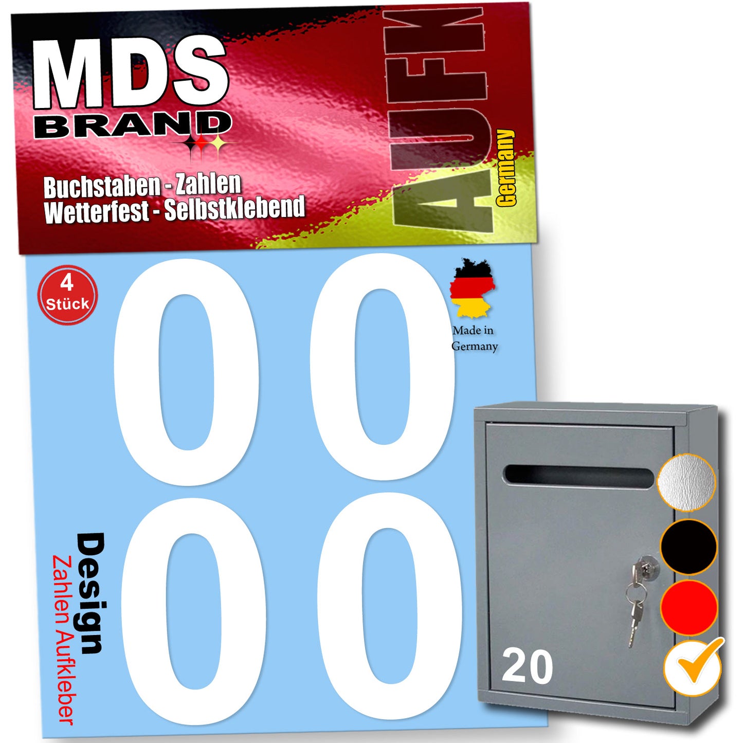 8cm Design Zahlen Aufkleber 4x Spar Pack Selbstklebende Klebezahlen für Briefkasten, Mülltonne & Hausnummeren Aufkleber für Außen & Innen Weiss