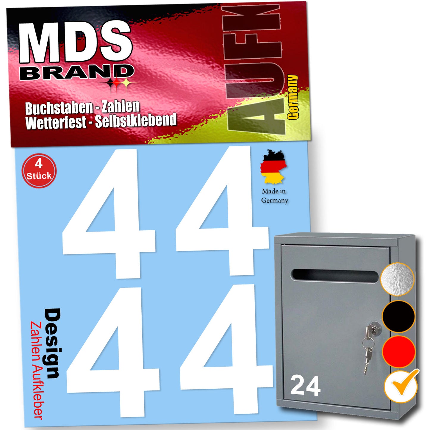 8cm Design Zahlen Aufkleber 4x Spar Pack Selbstklebende Klebezahlen für Briefkasten, Mülltonne & Hausnummeren Aufkleber für Außen & Innen Weiss