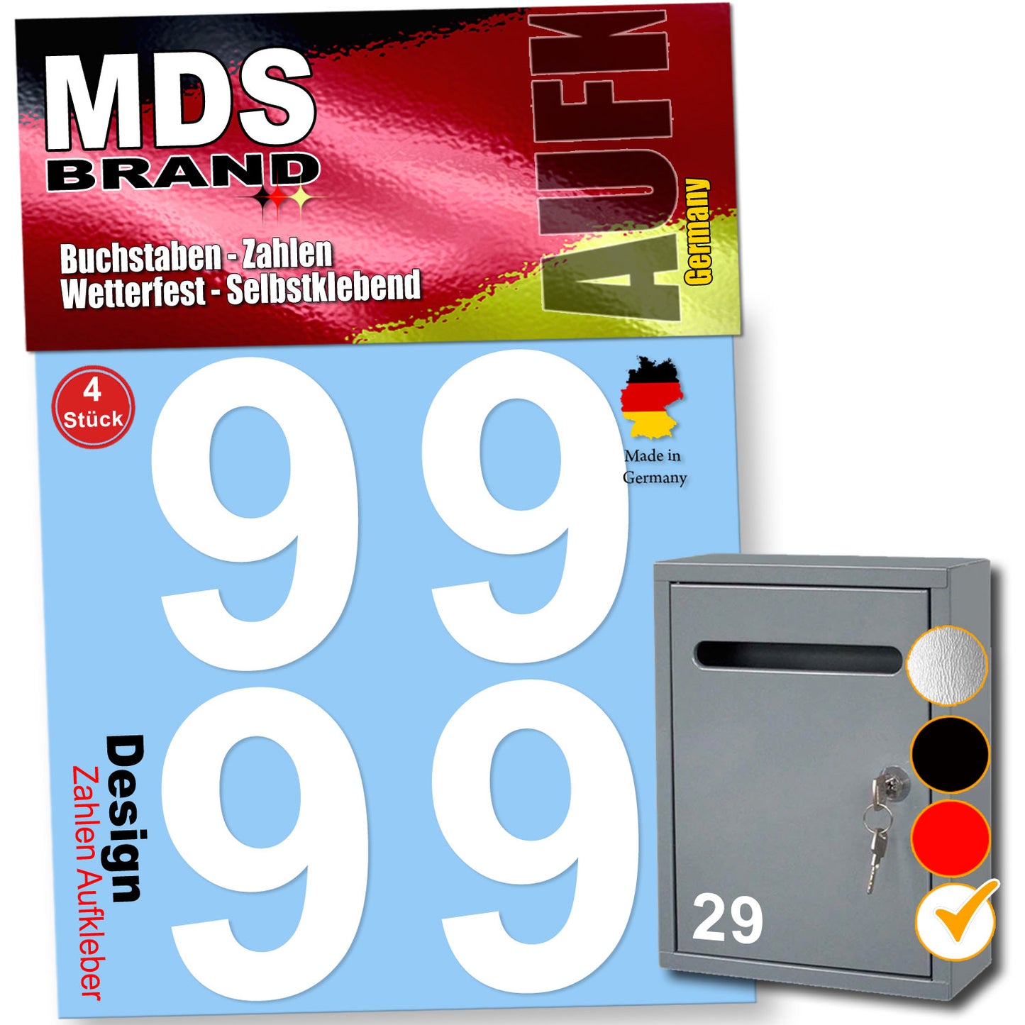 8cm Design Zahlen Aufkleber 4x Spar Pack Selbstklebende Klebezahlen für Briefkasten, Mülltonne & Hausnummeren Aufkleber für Außen & Innen Weiss