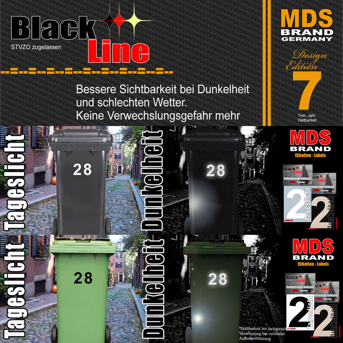15cm Design Reflektierende Zahlen Aufkleber | LKW Marking Grade reflektoren für Hausnummer & Mülltonnen | Selbstklebende Klebezahlen & Wetterfest Schwarz