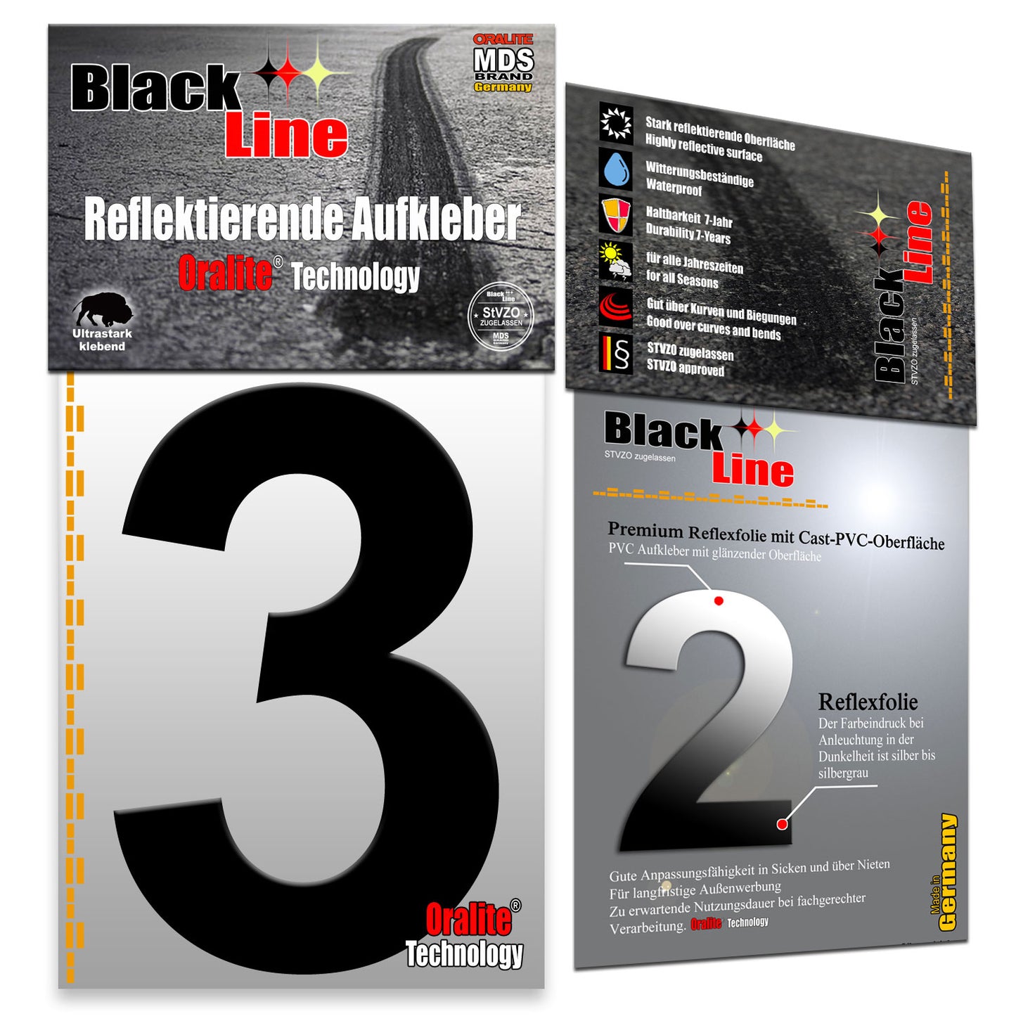 15cm Design Reflektierende Zahlen Aufkleber | LKW Marking Grade reflektoren für Hausnummer & Mülltonnen | Selbstklebende Klebezahlen & Wetterfest Schwarz