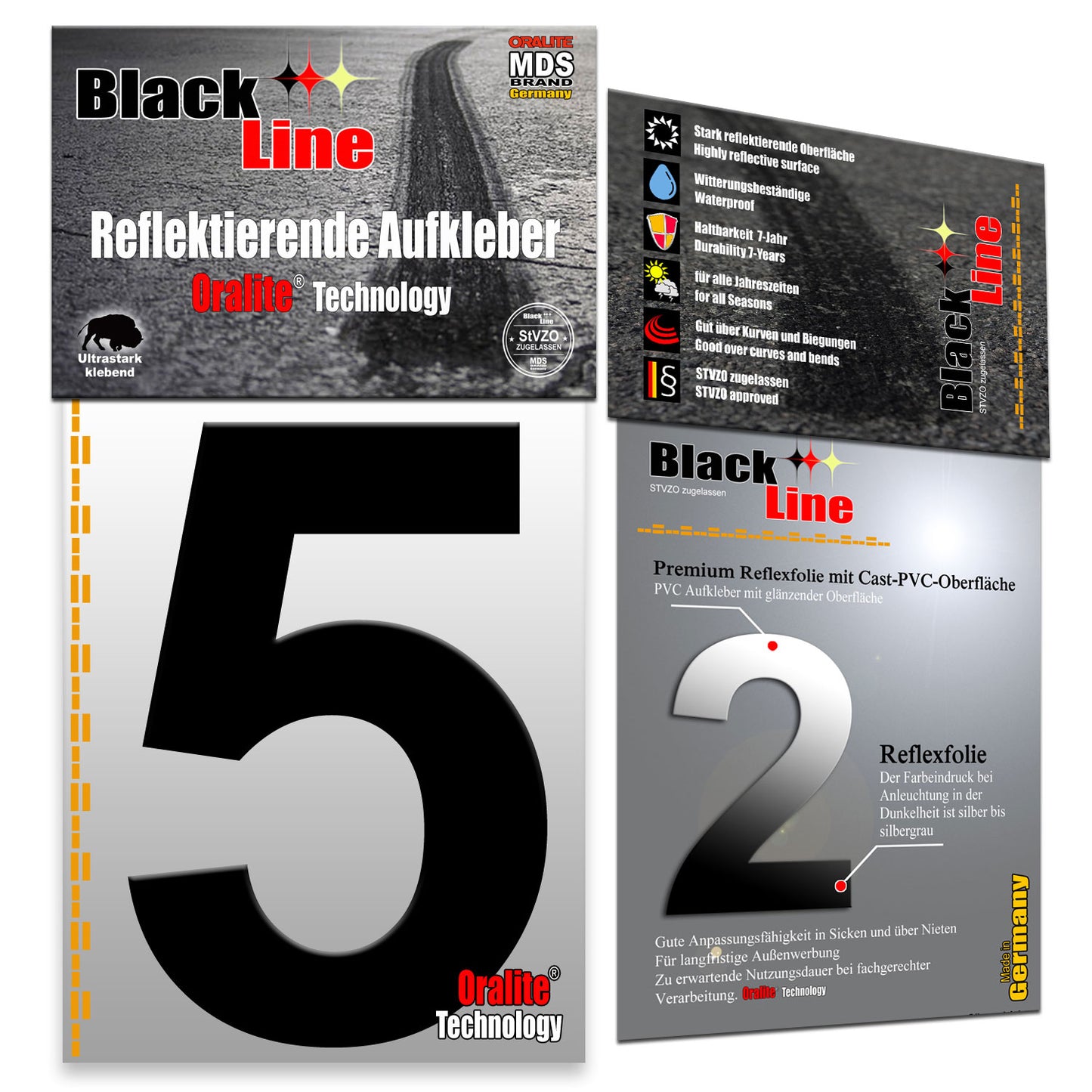 15cm Design Reflektierende Zahlen Aufkleber | LKW Marking Grade reflektoren für Hausnummer & Mülltonnen | Selbstklebende Klebezahlen & Wetterfest Schwarz