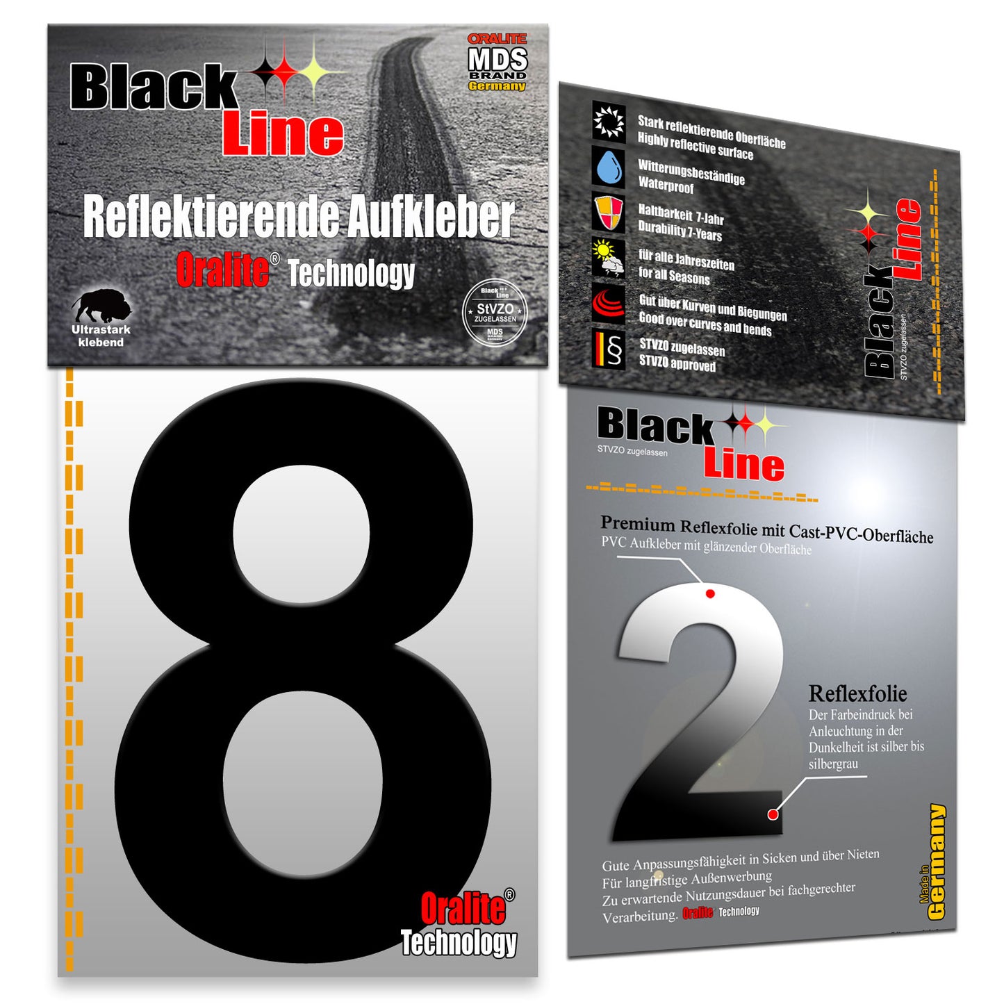 15cm Design Reflektierende Zahlen Aufkleber | LKW Marking Grade reflektoren für Hausnummer & Mülltonnen | Selbstklebende Klebezahlen & Wetterfest Schwarz