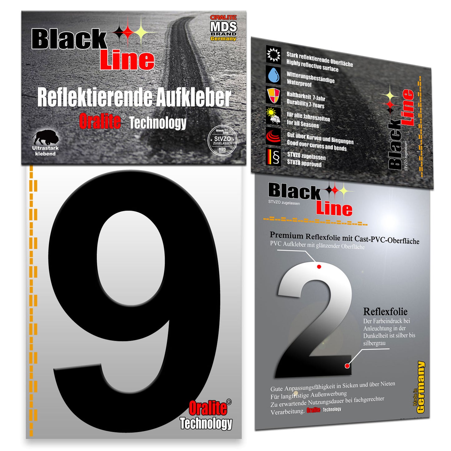 15cm Design Reflektierende Zahlen Aufkleber | LKW Marking Grade reflektoren für Hausnummer & Mülltonnen | Selbstklebende Klebezahlen & Wetterfest Schwarz