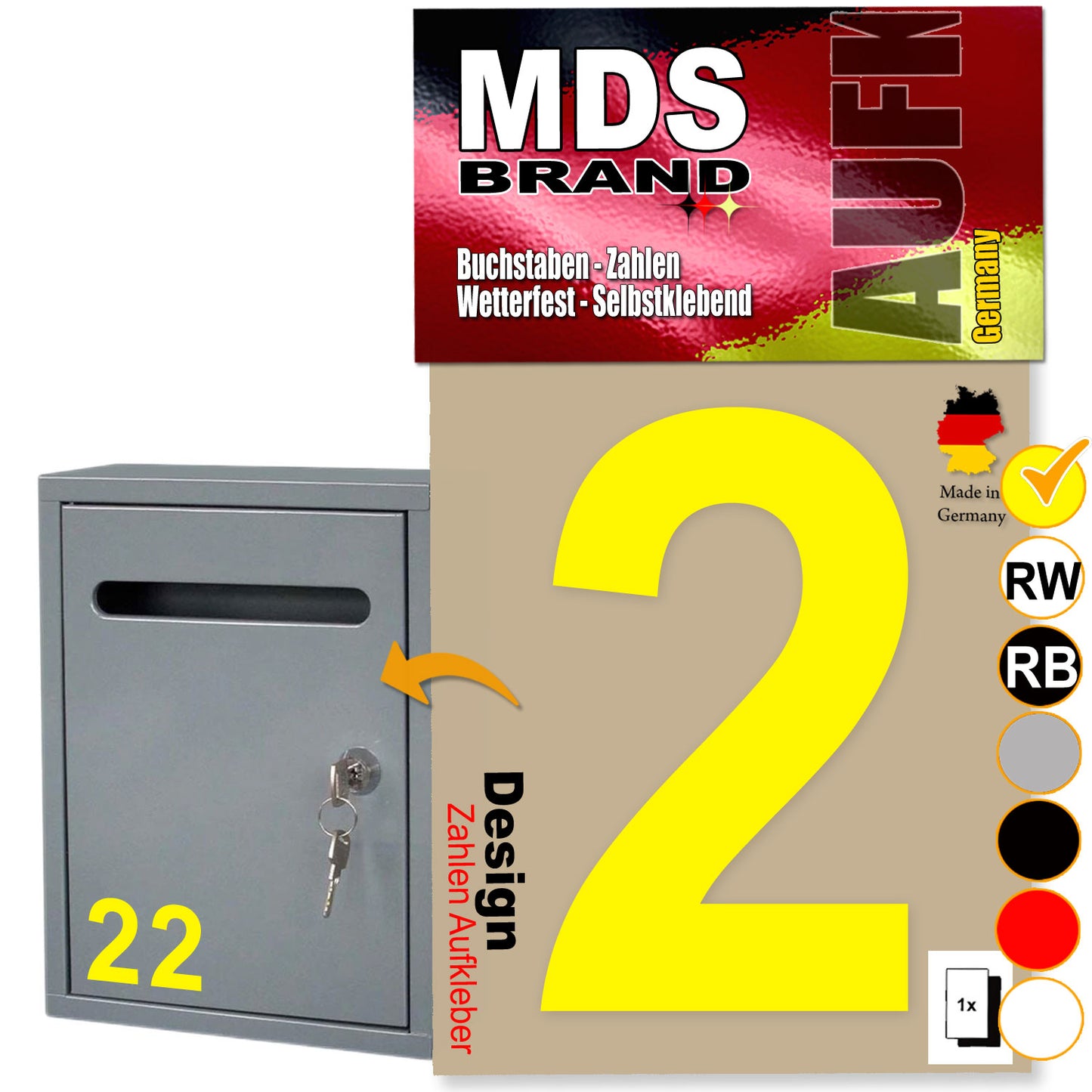 10cm Design Zahlen Aufkleber | Selbstklebende Klebezahlen für Briefkasten, Mülltonne, Hausnummer Aufkleber für Außen & Innen Gelb