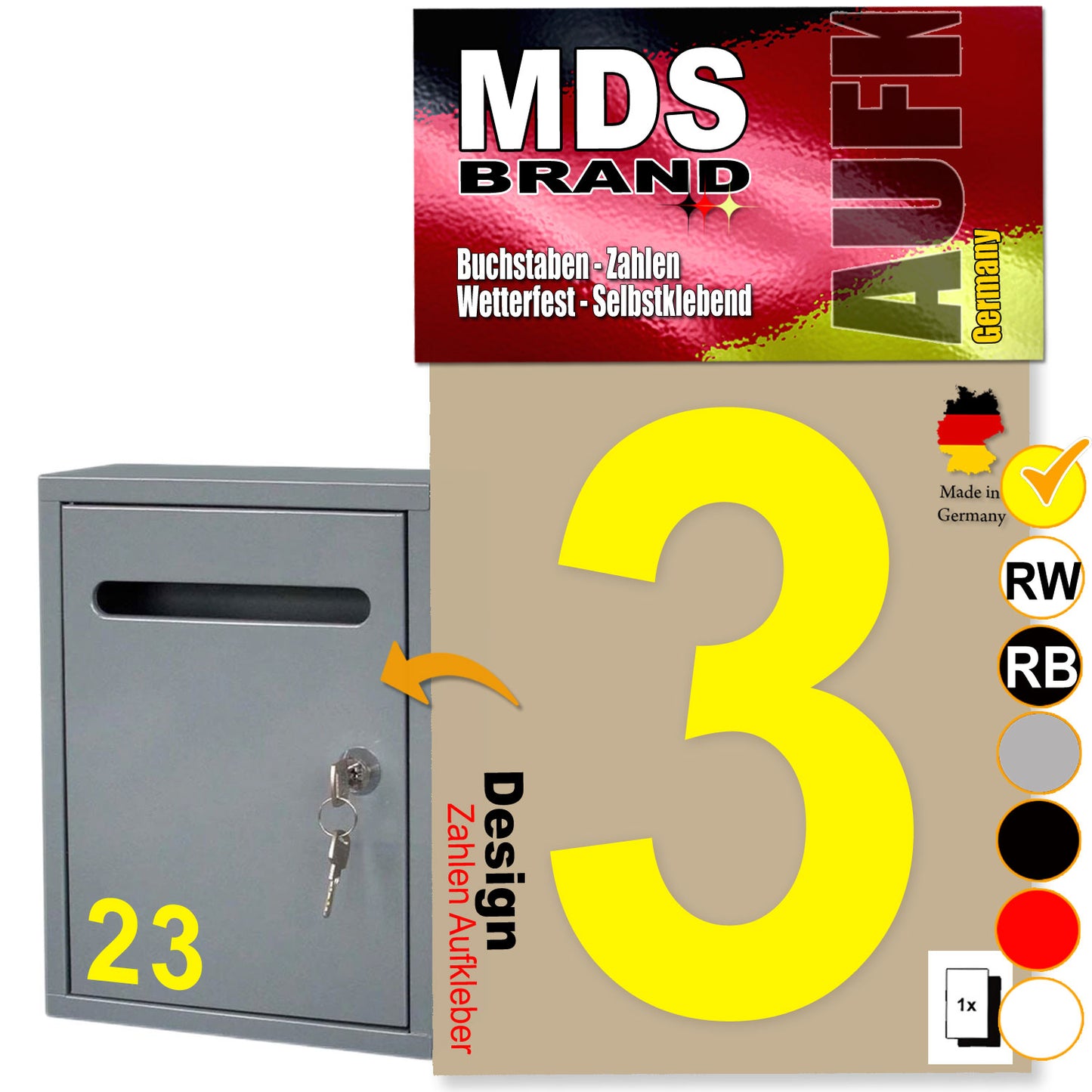 10cm Design Zahlen Aufkleber | Selbstklebende Klebezahlen für Briefkasten, Mülltonne, Hausnummer Aufkleber für Außen & Innen Gelb