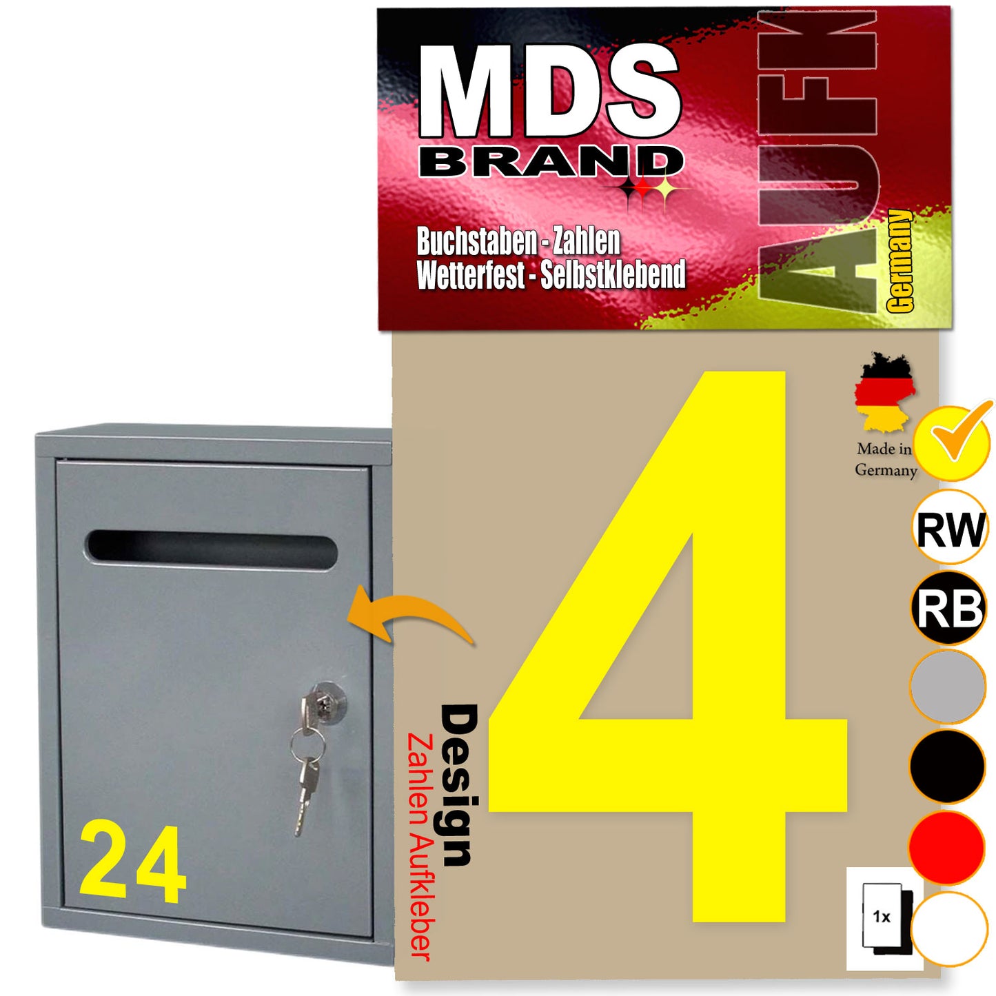 10cm Design Zahlen Aufkleber | Selbstklebende Klebezahlen für Briefkasten, Mülltonne, Hausnummer Aufkleber für Außen & Innen Gelb