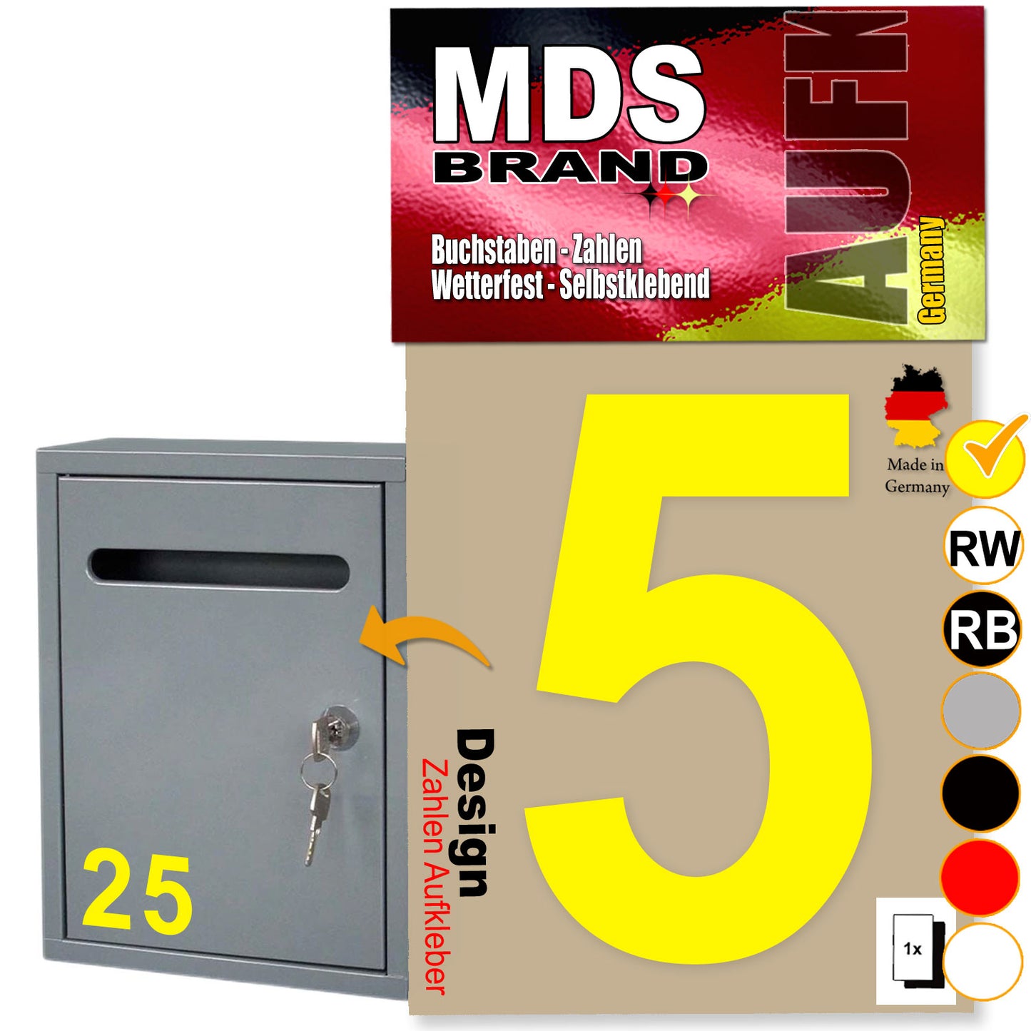10cm Design Zahlen Aufkleber | Selbstklebende Klebezahlen für Briefkasten, Mülltonne, Hausnummer Aufkleber für Außen & Innen Gelb