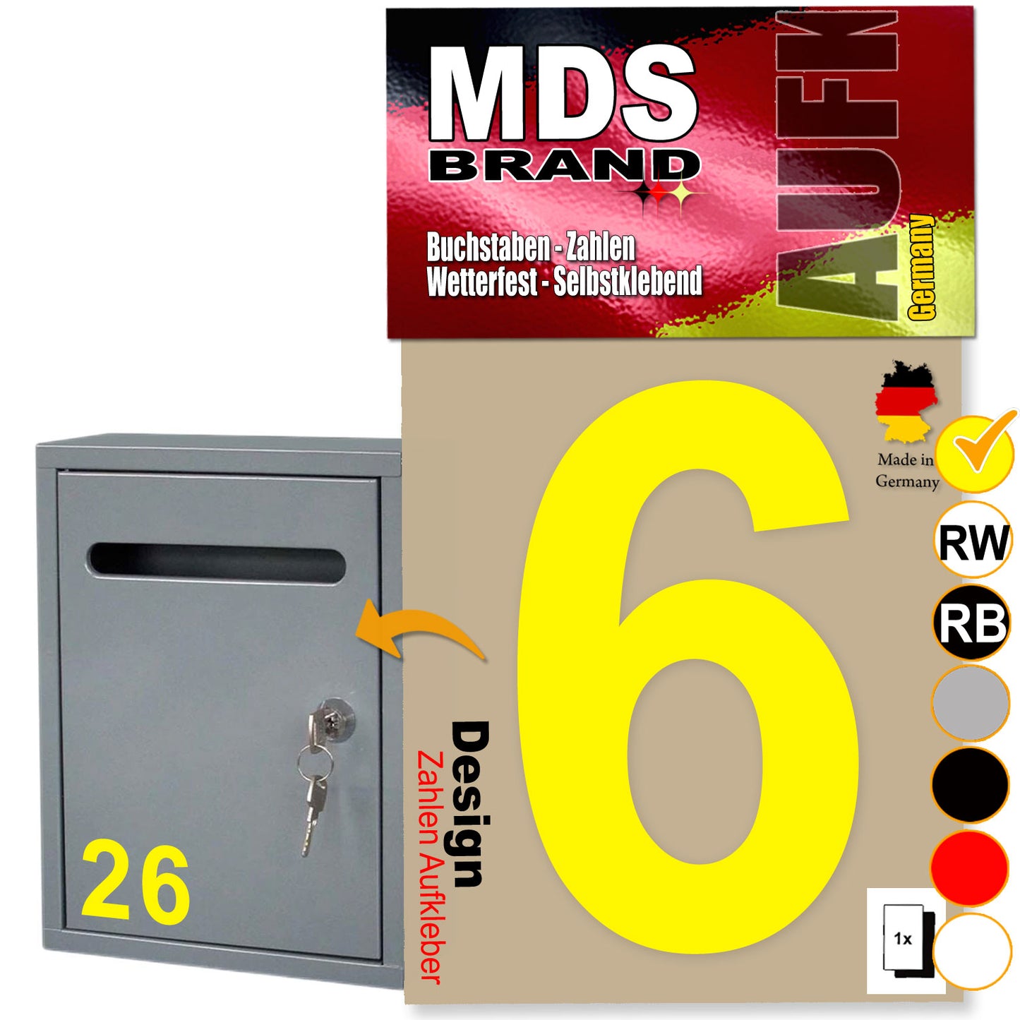 10cm Design Zahlen Aufkleber | Selbstklebende Klebezahlen für Briefkasten, Mülltonne, Hausnummer Aufkleber für Außen & Innen Gelb