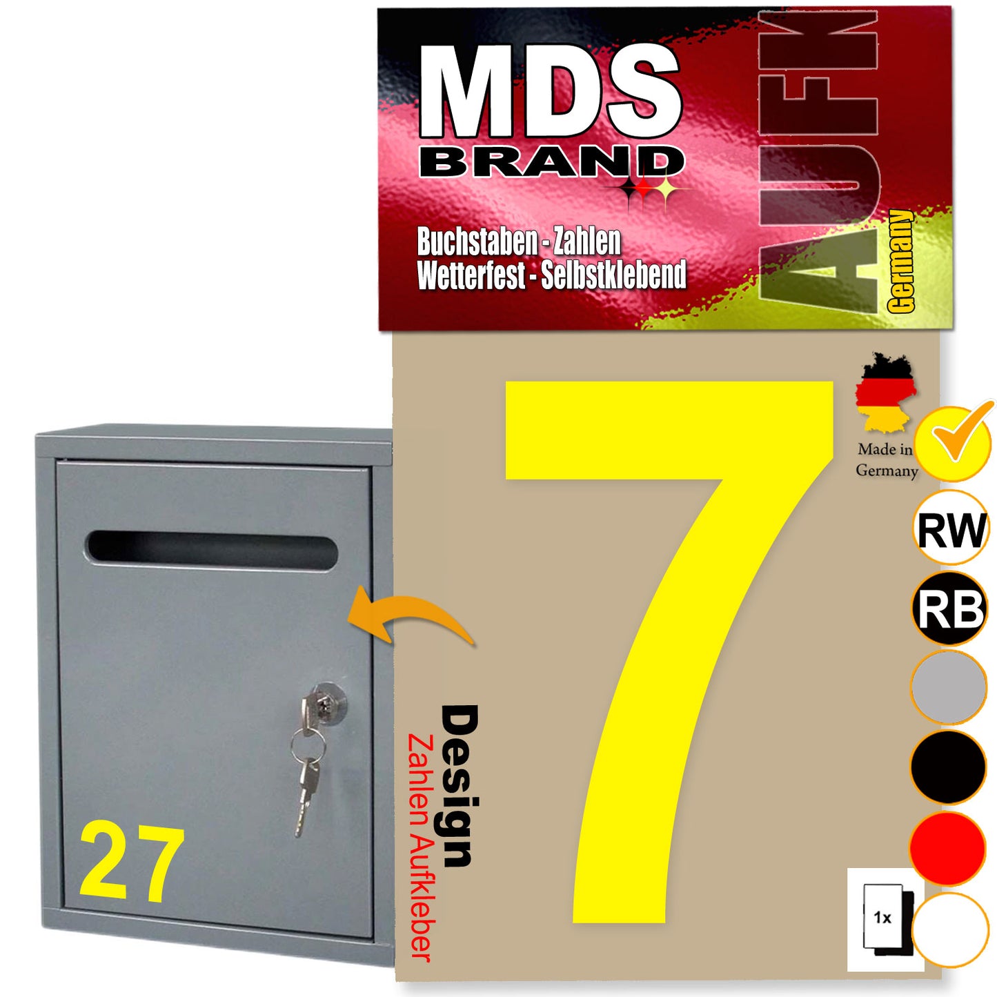 10cm Design Zahlen Aufkleber | Selbstklebende Klebezahlen für Briefkasten, Mülltonne, Hausnummer Aufkleber für Außen & Innen Gelb