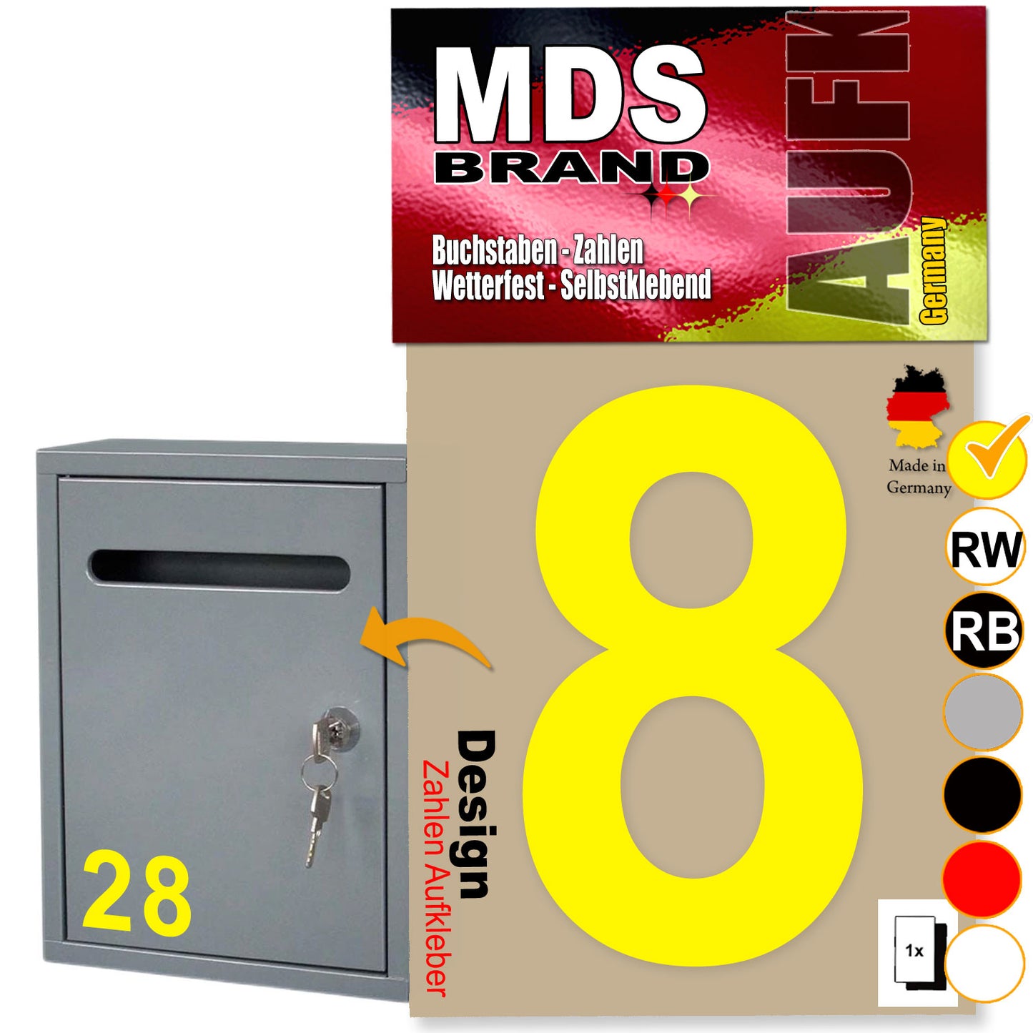 10cm Design Zahlen Aufkleber | Selbstklebende Klebezahlen für Briefkasten, Mülltonne, Hausnummer Aufkleber für Außen & Innen Gelb
