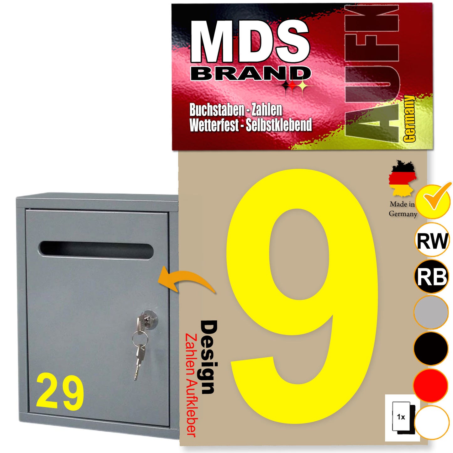 10cm Design Zahlen Aufkleber | Selbstklebende Klebezahlen für Briefkasten, Mülltonne, Hausnummer Aufkleber für Außen & Innen Gelb