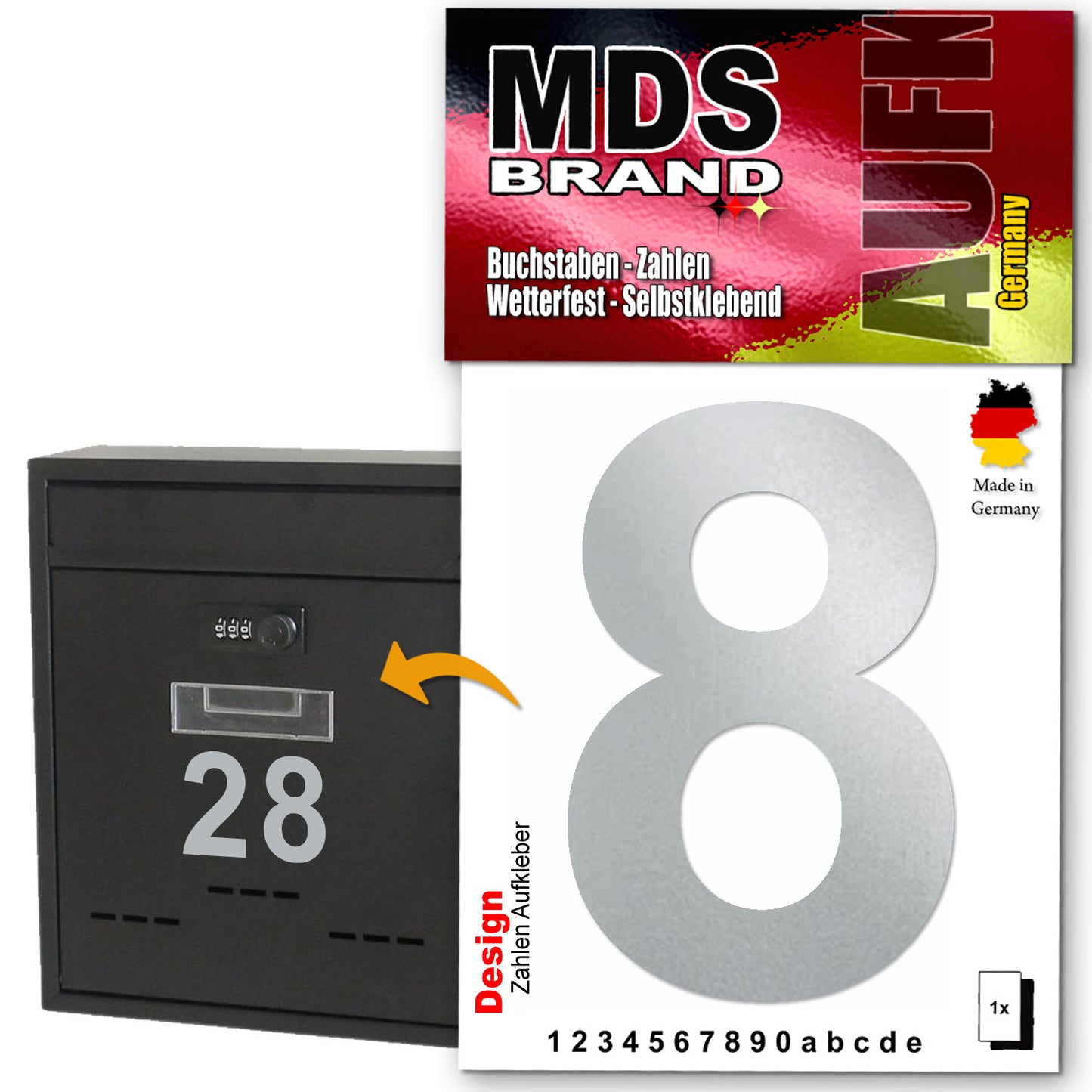 Design 10cm Zahlen Aufkleber, Selbstklebende Klebezahlen für Briefkasten, Mülltonne, Hausnummer Aufkleber für Außen & Innen Silber