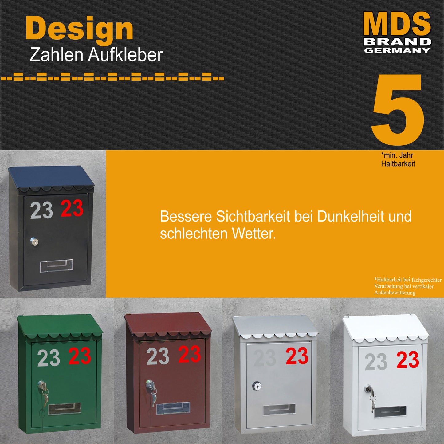 5cm Design Zahlen Aufkleber Selbstklebende Klebezahlen | Vinyl Hausnummern zum Aufkleben für Briefkasten, Mülltonnen, Hausnummer für Außen & Innen Rot