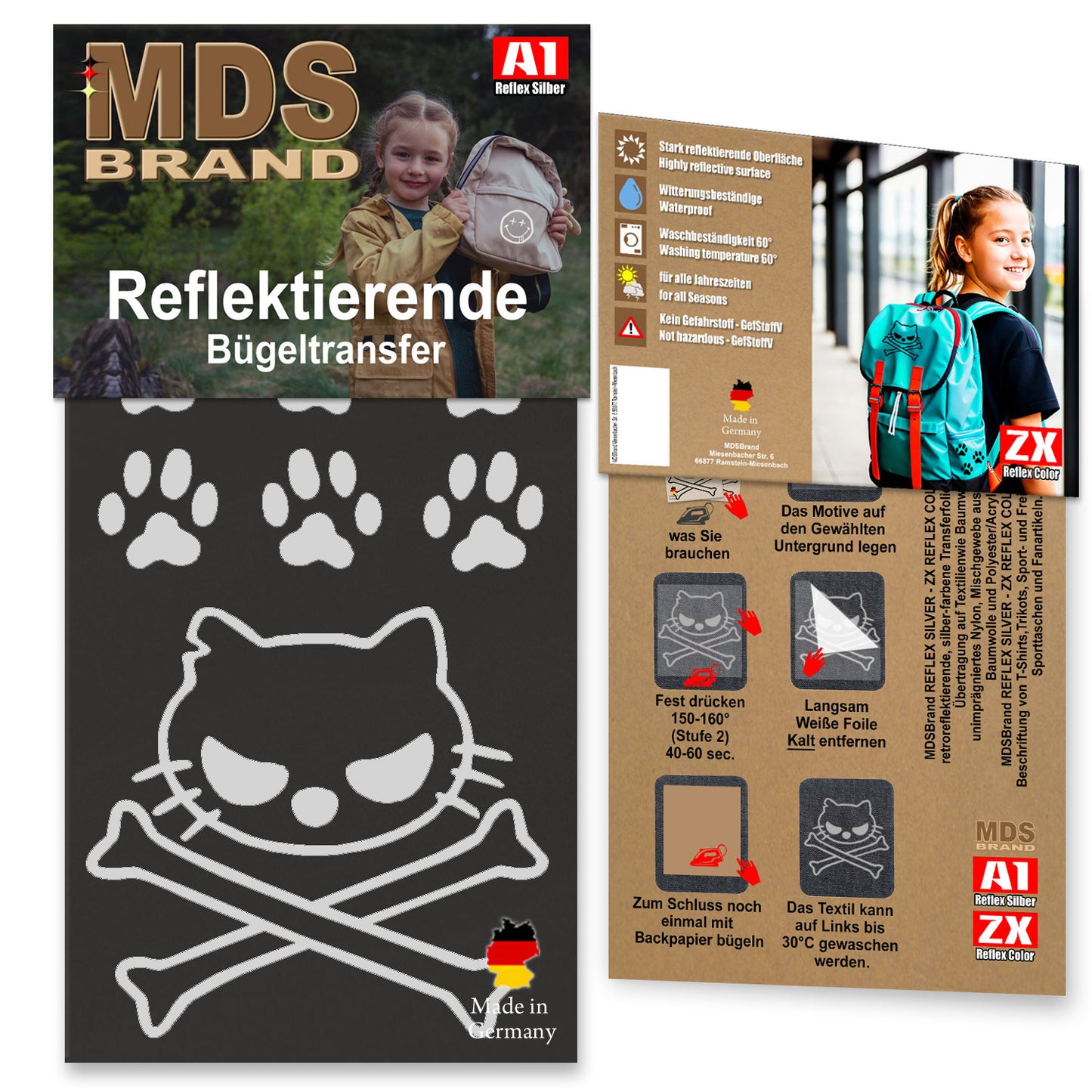 Reflektierende Aufbügler -Bad Cat- Set - Reflektoren Kinderkleidung - Hohe Sichtbarkeit - Optimierte Haftung für Kleidung oder Schulranzen