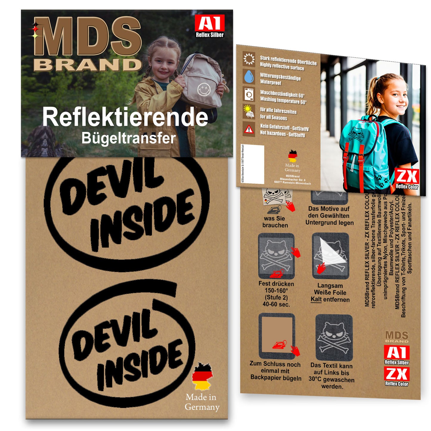 Reflektierende Kleidung Aufbügler Set - Devil Inside - Hohe Sichtbarkeit - Optimierte Haftung für Kleidung oder Schulranzen