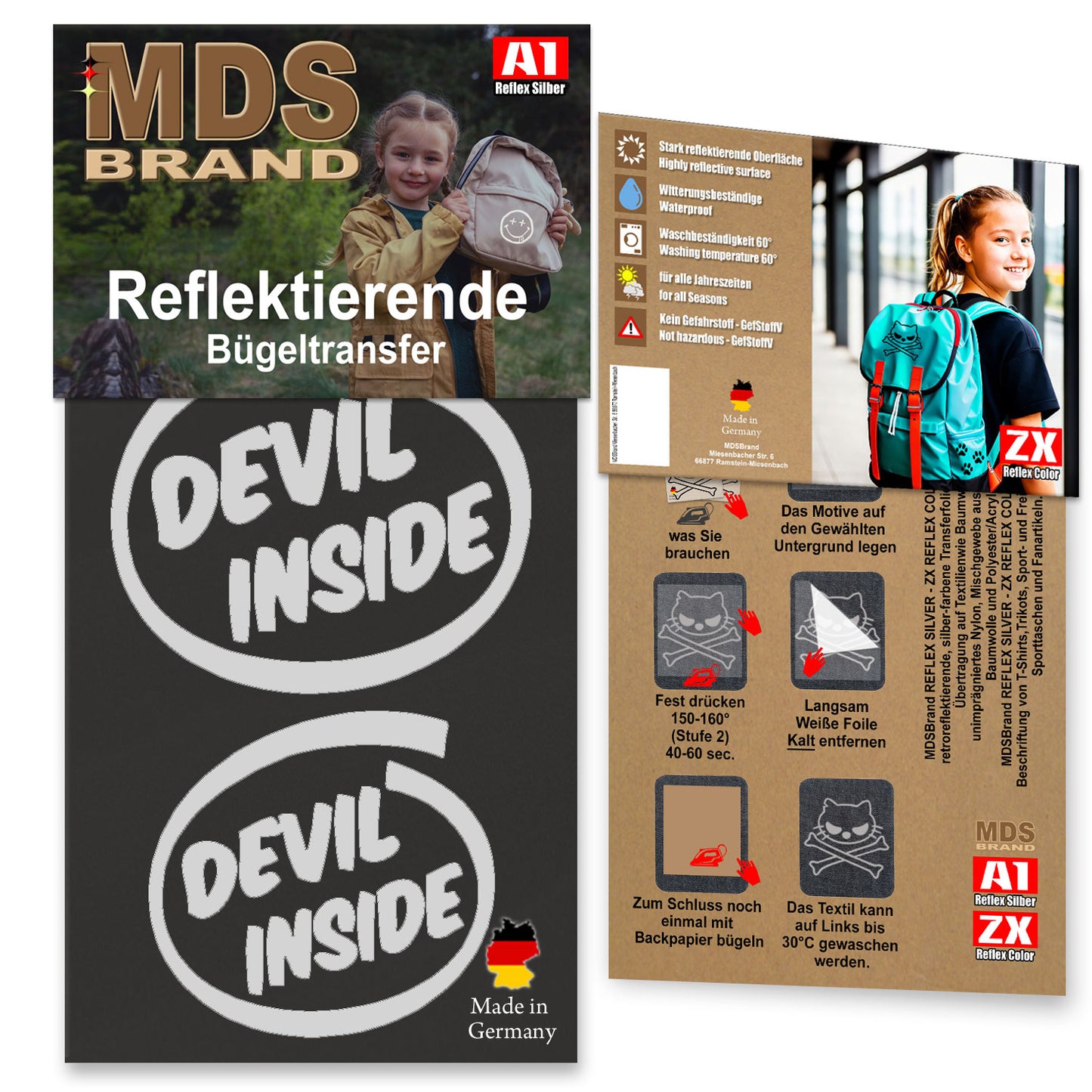 Reflektierende Kleidung Aufbügler Set - Devil Inside - Hohe Sichtbarkeit - Optimierte Haftung für Kleidung oder Schulranzen
