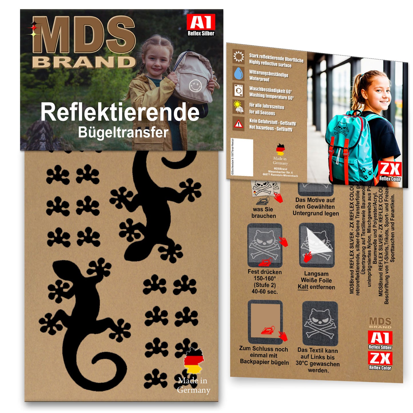 Reflektierende Kleidung Aufbügler Set - Gecko - Hohe Sichtbarkeit - Optimierte Haftung für Kleidung oder Schulranzen