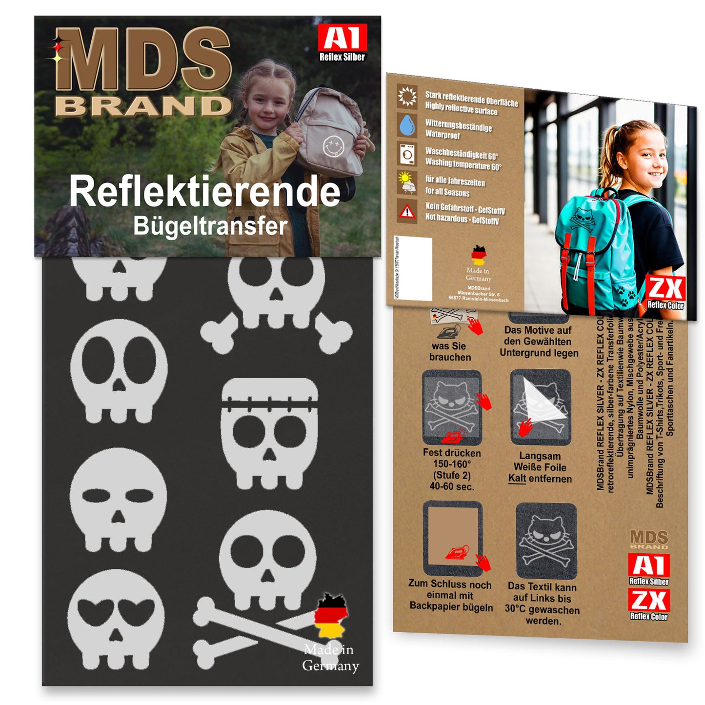 Reflektierende Kleidung Aufbügler Set - Klein Skulls - Hohe Sichtbarkeit - Optimierte Haftung für Kleidung oder Schulranzen