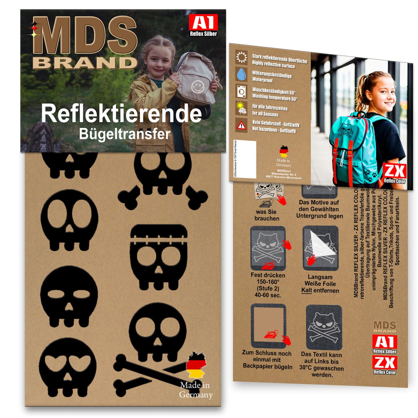 Reflektierende Kleidung Aufbügler Set - Klein Skulls - Hohe Sichtbarkeit - Optimierte Haftung für Kleidung oder Schulranzen