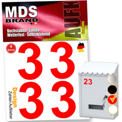 5cm Design Zahlen Aufkleber Selbstklebende Klebezahlen | Vinyl Hausnummern zum Aufkleben für Briefkasten, Mülltonnen, Hausnummer für Außen & Innen Rot