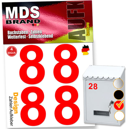 5cm Design Zahlen Aufkleber Selbstklebende Klebezahlen | Vinyl Hausnummern zum Aufkleben für Briefkasten, Mülltonnen, Hausnummer für Außen & Innen Rot