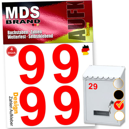 5cm Design Zahlen Aufkleber Selbstklebende Klebezahlen | Vinyl Hausnummern zum Aufkleben für Briefkasten, Mülltonnen, Hausnummer für Außen & Innen Rot