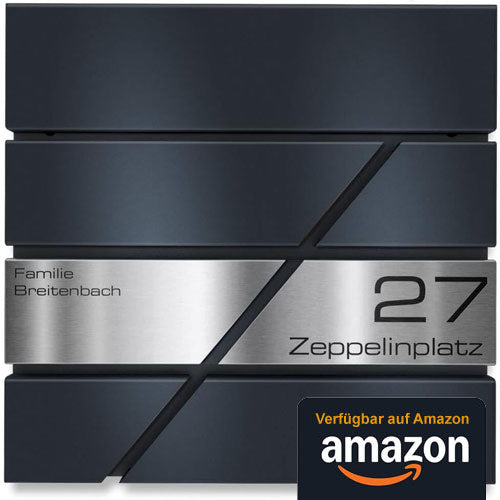 Metzler Briefkasten personalisiert, mit graviertem Edelstahl-Namensschild, Hausnummer, Zeitungsfach, Schloss, wetterfest, Wandmontage, modern, anthrazit matt RAL 7016 – Zeppelin inkl. Montagematerial