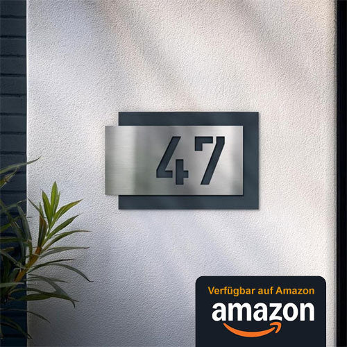 Metzler Hausnummer Edelstahl, individuelles Hausnummernschild in Anthrazit, Straßenschild mit Hausnummer, V2A-Edelstahl, kratzfest, robust, gebürstet, 3D-Effekt, Made in Germany, Größe: 271 x 175 mm