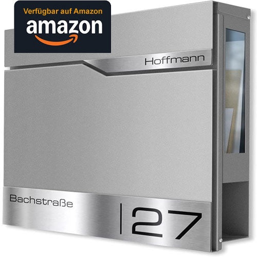 Metzler Briefkasten Grau mit Sichtfenster und Zeitungsfach – Wandbriefkasten mit Namensschild aus Edelstahl personalisiert mit Laser Gravur – Postkasten wasserdicht mit Fenster | Siebert SF