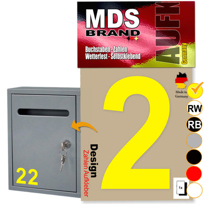 10cm Design Zahlen Aufkleber | Selbstklebende Klebezahlen für Briefkasten, Mülltonne, Hausnummer Aufkleber für Außen & Innen Gelb