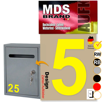 10cm Design Zahlen Aufkleber | Selbstklebende Klebezahlen für Briefkasten, Mülltonne, Hausnummer Aufkleber für Außen & Innen Gelb