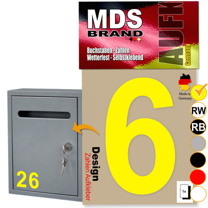 10cm Design Zahlen Aufkleber | Selbstklebende Klebezahlen für Briefkasten, Mülltonne, Hausnummer Aufkleber für Außen & Innen Gelb