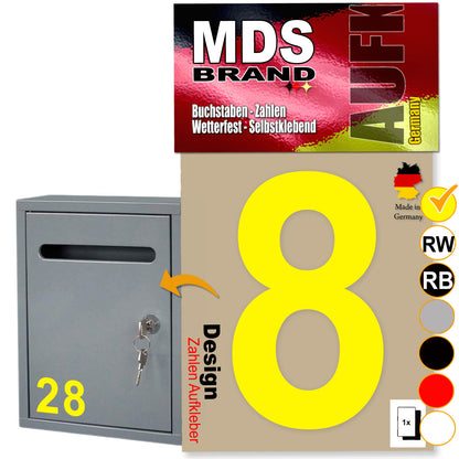 10cm Design Zahlen Aufkleber | Selbstklebende Klebezahlen für Briefkasten, Mülltonne, Hausnummer Aufkleber für Außen & Innen Gelb