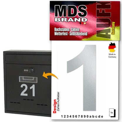 Design 10cm Zahlen Aufkleber, Selbstklebende Klebezahlen für Briefkasten, Mülltonne, Hausnummer Aufkleber für Außen & Innen Silber