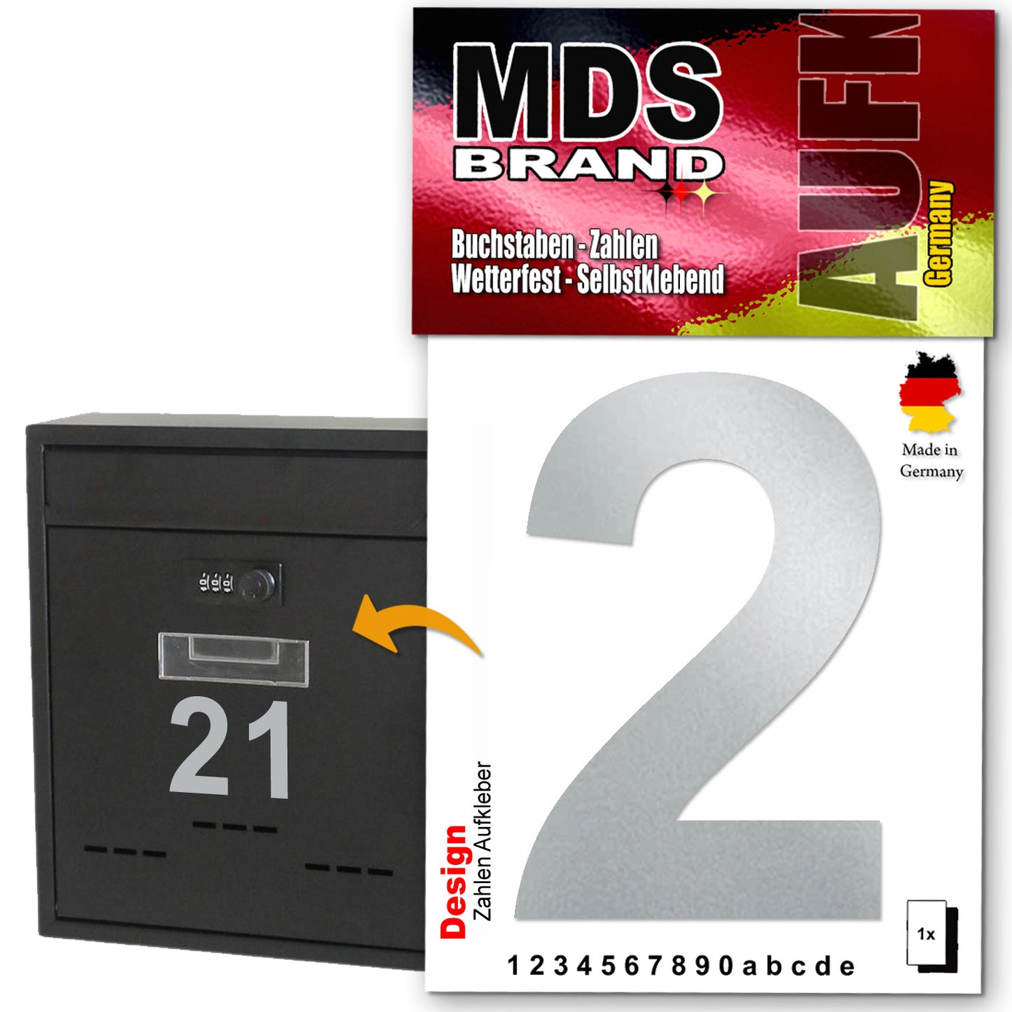 Design 10cm Zahlen Aufkleber, Selbstklebende Klebezahlen für Briefkasten, Mülltonne, Hausnummer Aufkleber für Außen & Innen Silber