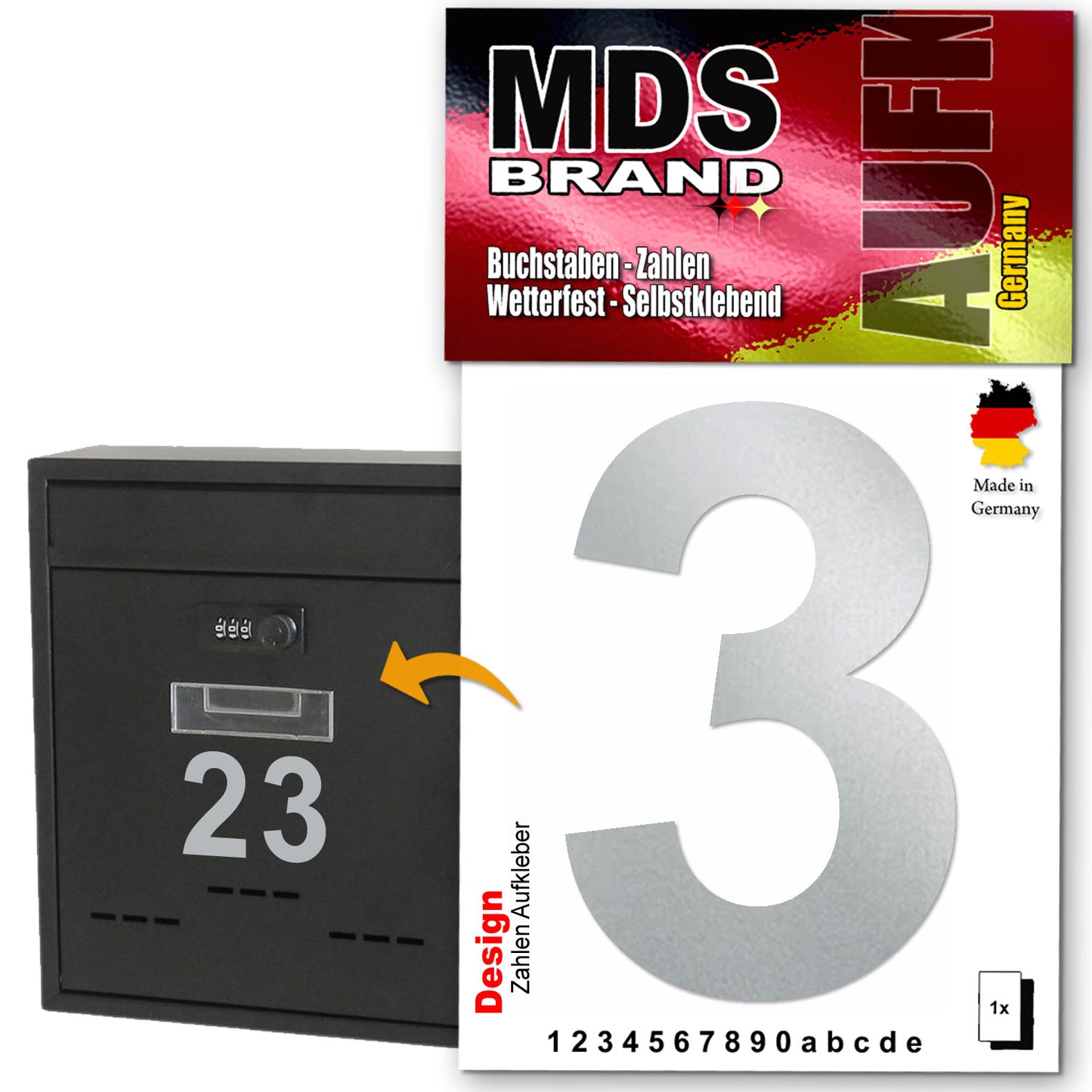 Design 10cm Zahlen Aufkleber, Selbstklebende Klebezahlen für Briefkasten, Mülltonne, Hausnummer Aufkleber für Außen & Innen Silber
