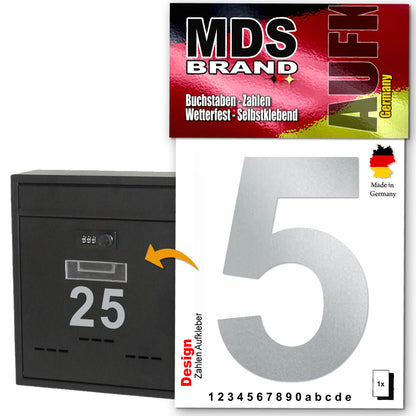 Design 10cm Zahlen Aufkleber, Selbstklebende Klebezahlen für Briefkasten, Mülltonne, Hausnummer Aufkleber für Außen & Innen Silber