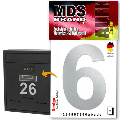 Design 10cm Zahlen Aufkleber, Selbstklebende Klebezahlen für Briefkasten, Mülltonne, Hausnummer Aufkleber für Außen & Innen Silber