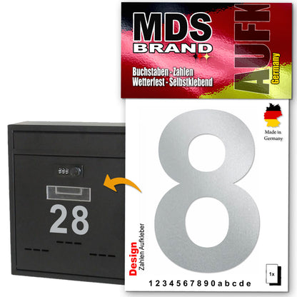 Design 10cm Zahlen Aufkleber, Selbstklebende Klebezahlen für Briefkasten, Mülltonne, Hausnummer Aufkleber für Außen & Innen Silber