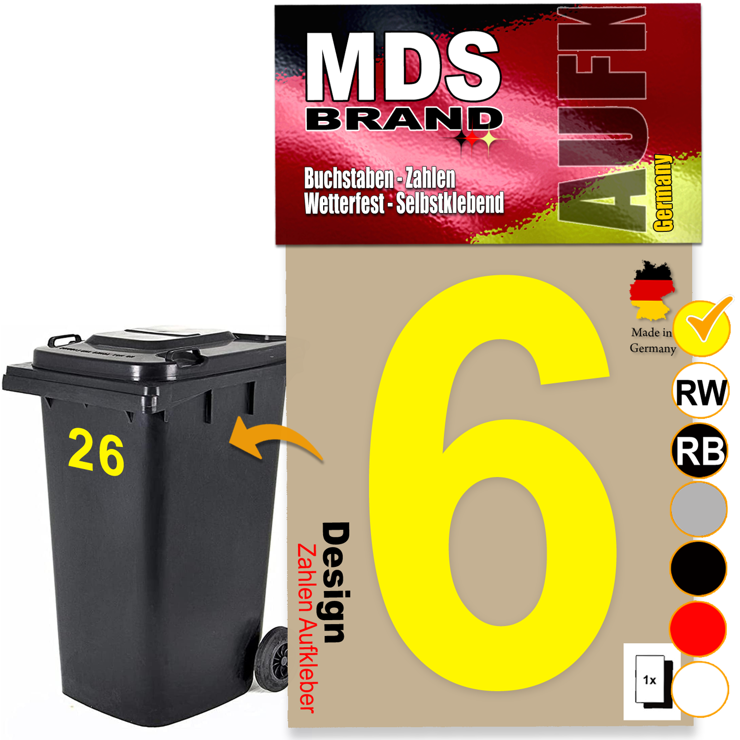 Design 15cm Zahlen Aufkleber Selbstklebende Klebezahlen für Briefkasten, Mülltonne & Hausnummeren Aufkleber für Außen & Innen Gelb